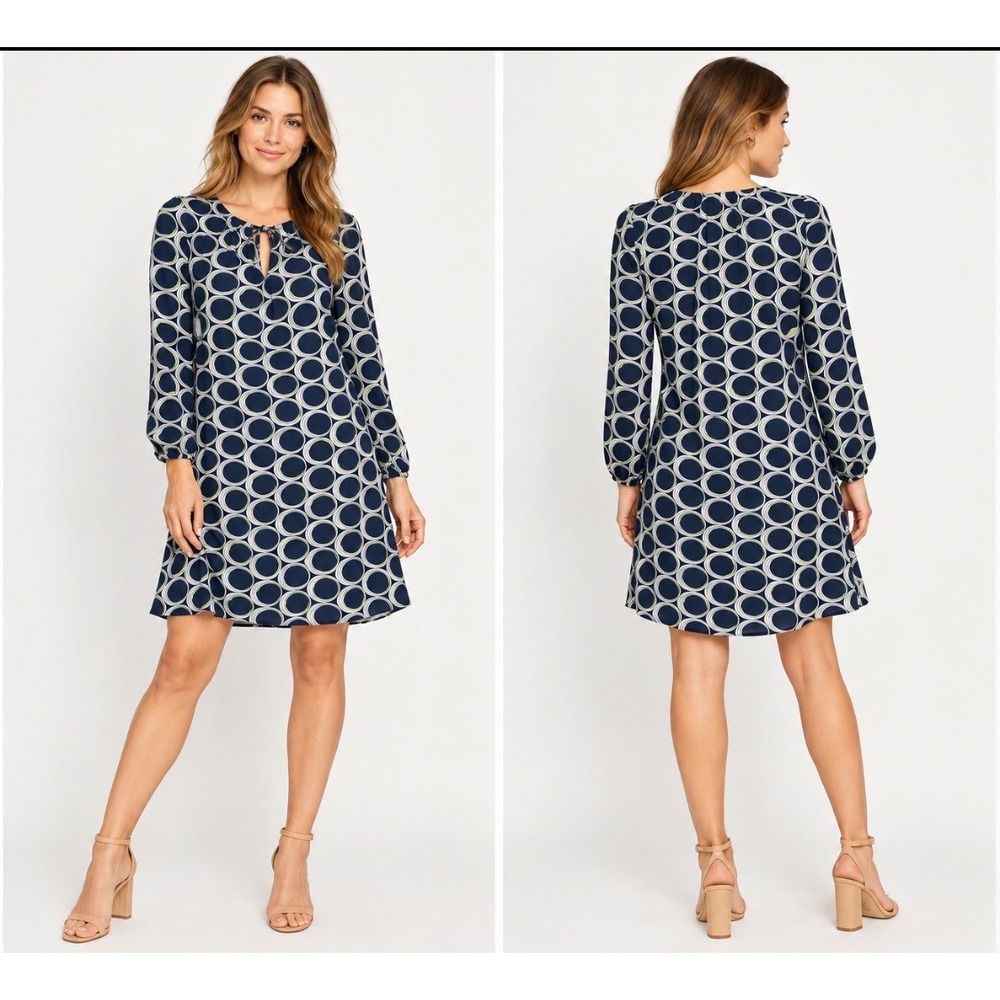 Moulinette Soeurs Anthropologie Dress Sz 8 Navy Blue Geometric Print Tie Neck